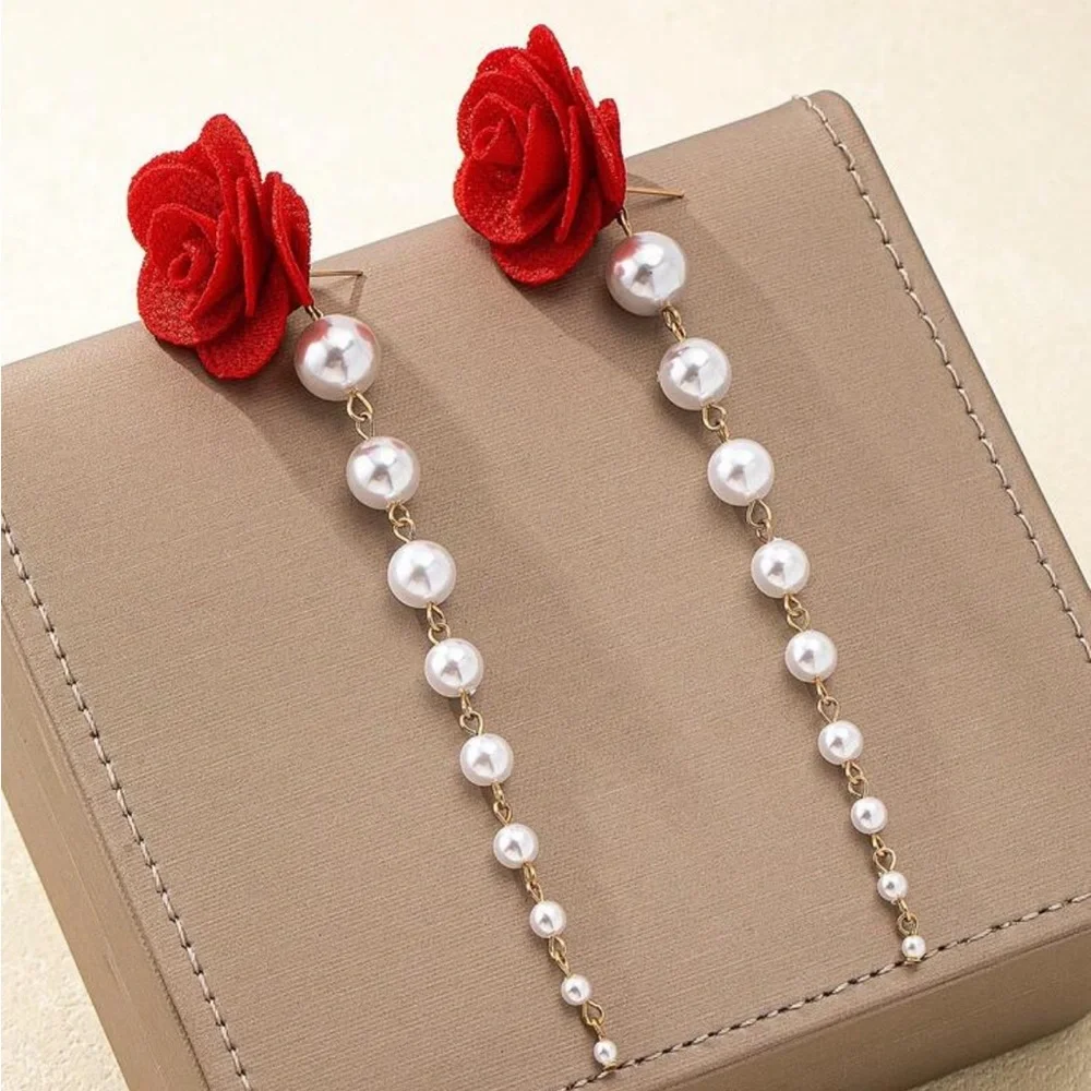Forever Yours Red Rose Pearl Tassel Earrings NEW 🏷️